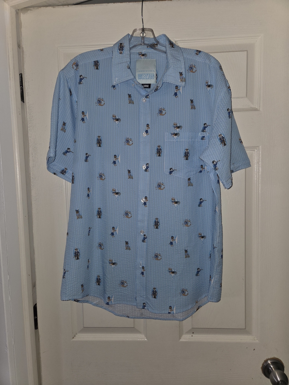Rsvlts Seersucker Mens L nautical Dogs Blue Button Down Shirt
